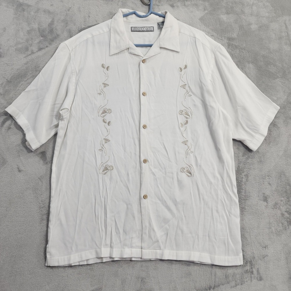 Vintage Monte Carlo Shirt Mens L White Embroidered Martini Button Front‎ Casual
